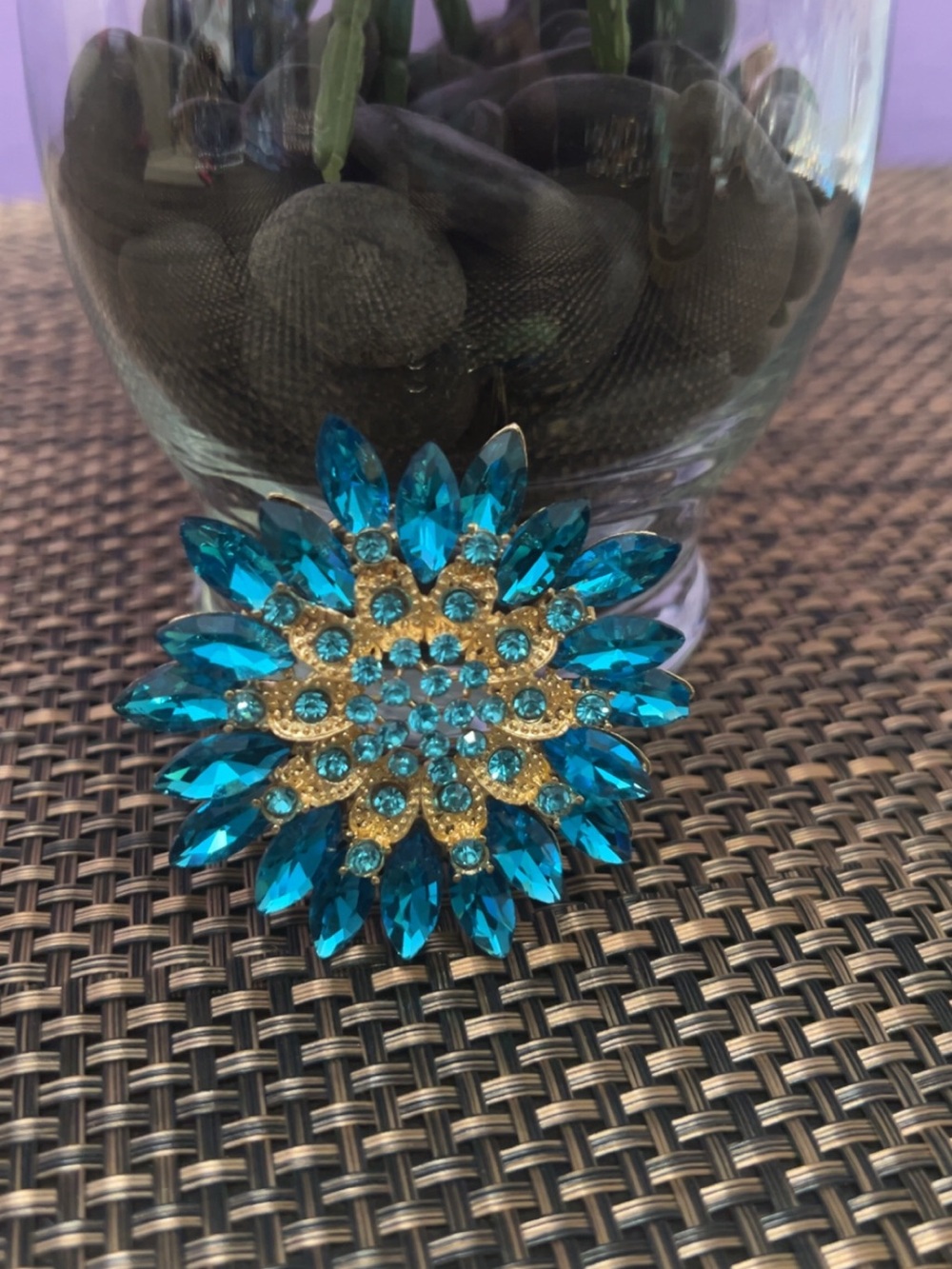 Large Statement Brooch — Teal Crystal Flower, Gold Tone, 2.5
